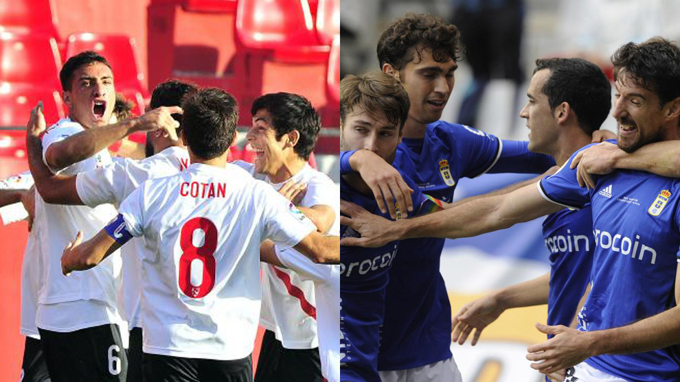 Sevilla Atltico y Oviedo, celebrando goles de 2016.