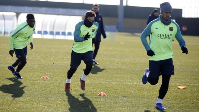 Umtiti, Messi y Luis Surez, durante el entrenamiento.