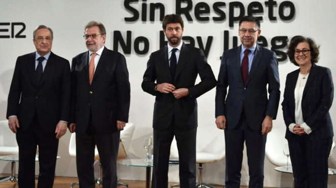 Florentino, Bartomeu y Agnelli, presidente de la Juve, en el acto.