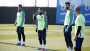 Surez, Messi, Piqu y Mascherano durante el entrenamiento previo a...