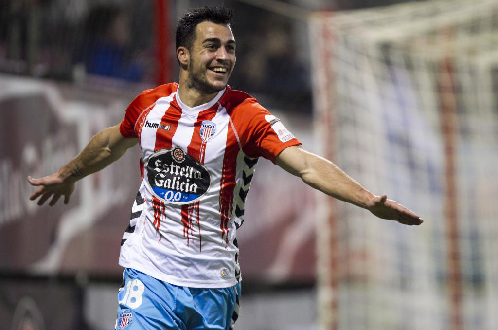 Joselu celebra un gol con el Lugo esta temporada.