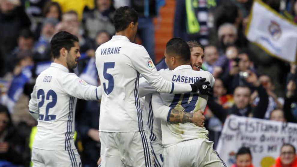 Los jugadores del Madrid celebran un gol en Liga esta temporada