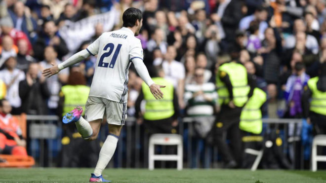 Morata celebra el gol logrado ante el Espanyol.