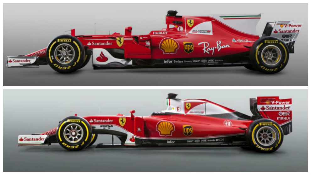 El Ferrari SF70-H (arriba) y el SF16-H de 2016 vistos de perfil.