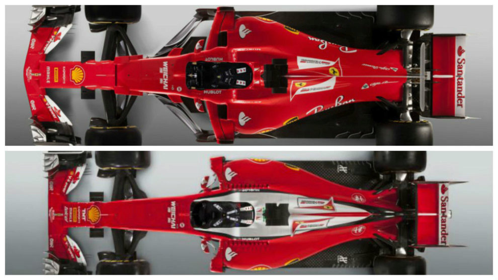 Vista cenital del Ferrari SF70-H (arriba) y del SF16-H de 2016.
