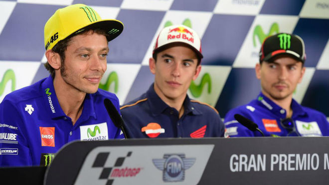 Rossi, Mrquez y Lorenzo, en el GP de Aragn de 2016.