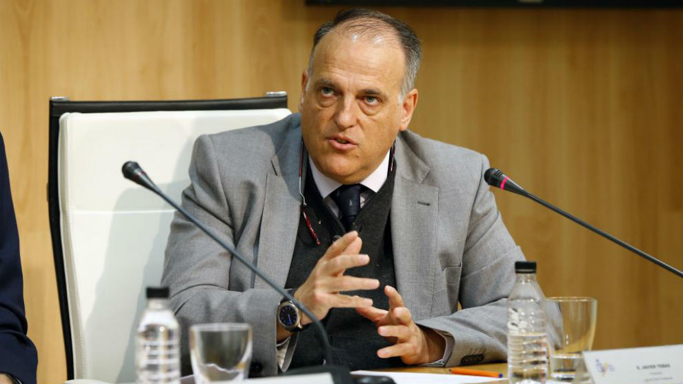 Javier Tebas, presidente de LaLiga, en una conferencia.