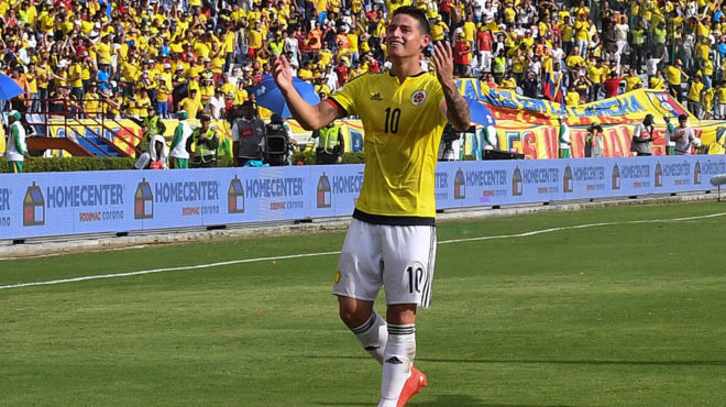James celebra un gol con la seleccin de Colombia.