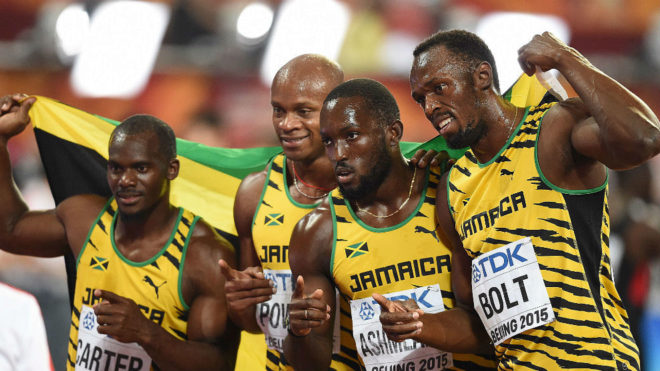 El relevo 4x100 de Jamaica en Pekn: Carter, Powell, Ashmeade y Bolt.