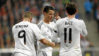 Cristiano, Benzema y Bale celebran un gol en el Allianz.
