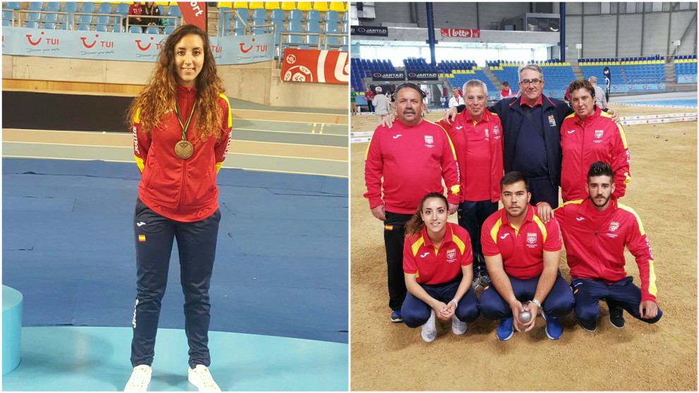 Melani Homar con el bronce y jugadores y tcnicos de Espaa en el...