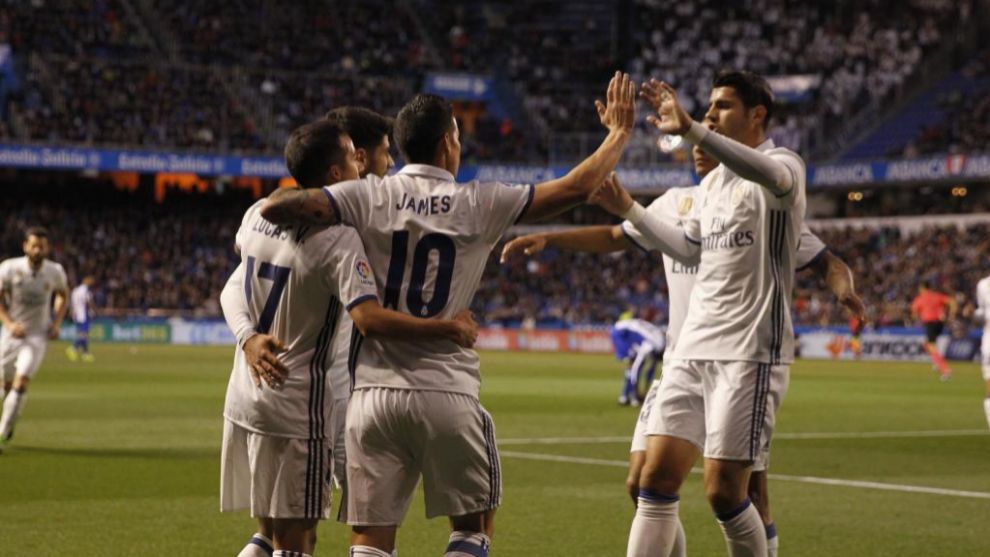 James, Morata, Lucas Vzquez y Asensio celebran unos de los goles del...