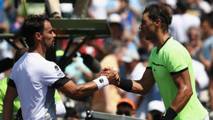 Fabio Fognini y Rafa Nadal se saludan tras la semifinal de Miami 2017.