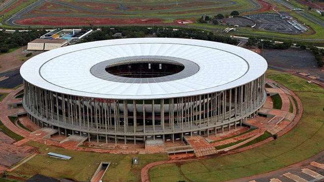 An aerial view of the Mane Garrincha National Stadium in Brasilia.
