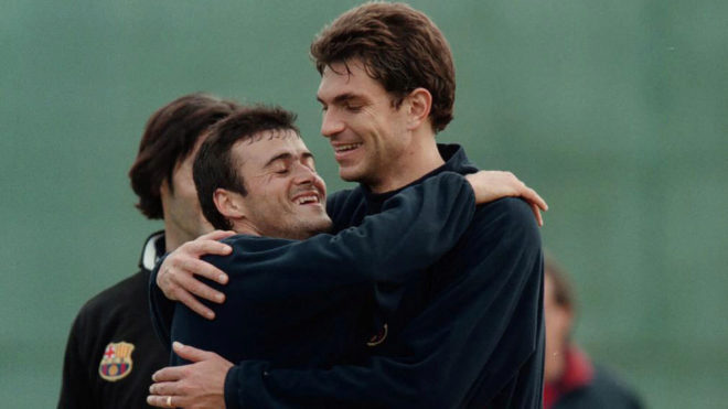 Pellegrino abraza a Luis Enrique en su poca en el Barcelona.