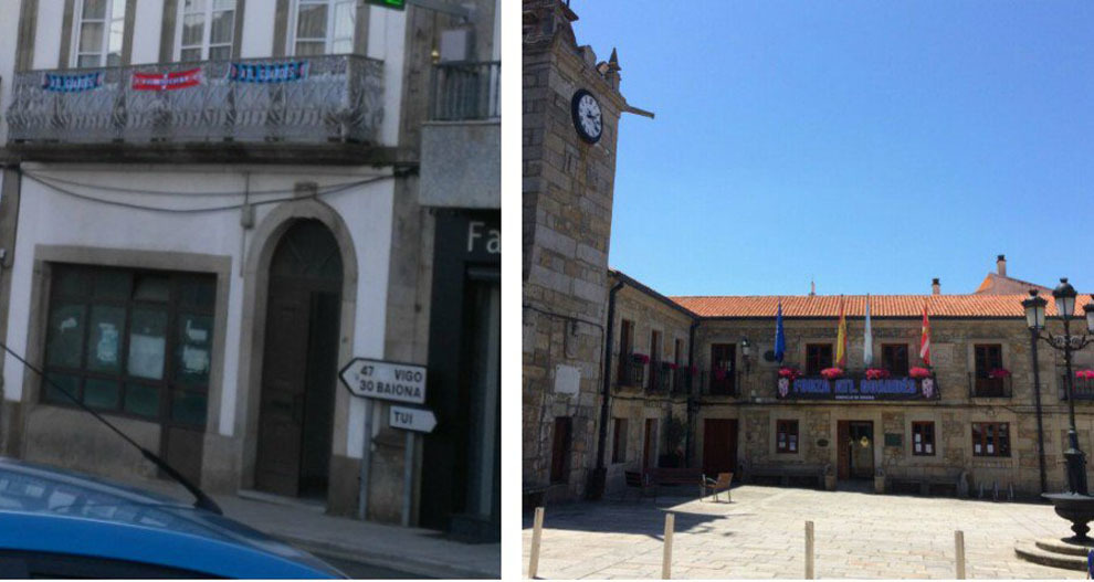 Un balcn y el ayuntamiento de A Guarda con los colores del Atltico...