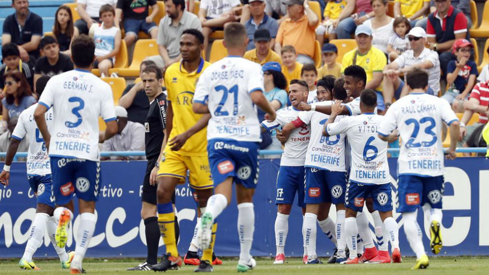 Los jugadores del Tenerife celebran un gol ante el Alcorcn.