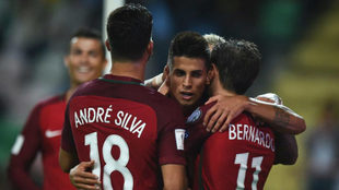 Cancelo celebra un gol marcado con Portugal.