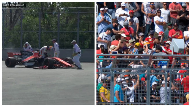 Fernando Alonso se mezcla con los espectadores despus de abandonar...