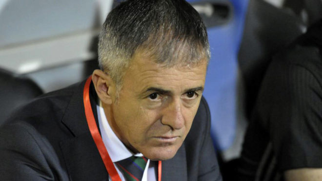 Algeria&apos;s coach Lucas Alcaraz reacts on the sidelines.