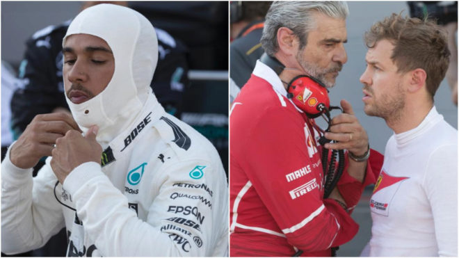 Hamilton, Arrivabene y Vettel, despus del incidente entre los dos pilotos.