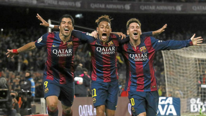 Luis Surez, Neymar y Messi celebran un gol al Atltico de Madrid en...