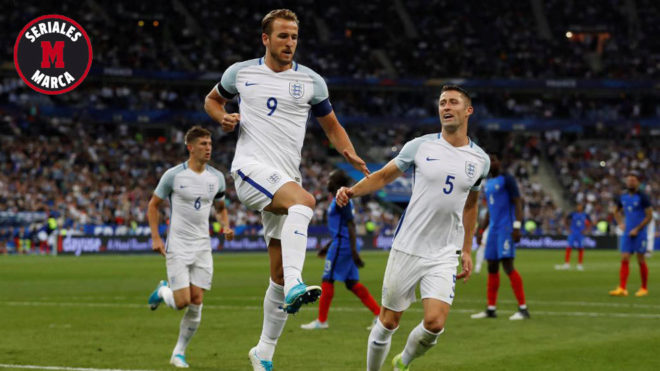 Kane celebra uno de los goles de Inglaterra a Francia.