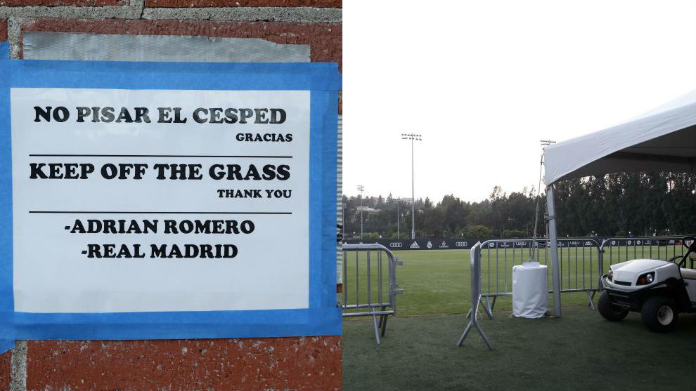 Un cartel colocado por Adrin Romero, jardinero del Real Madrid en el...