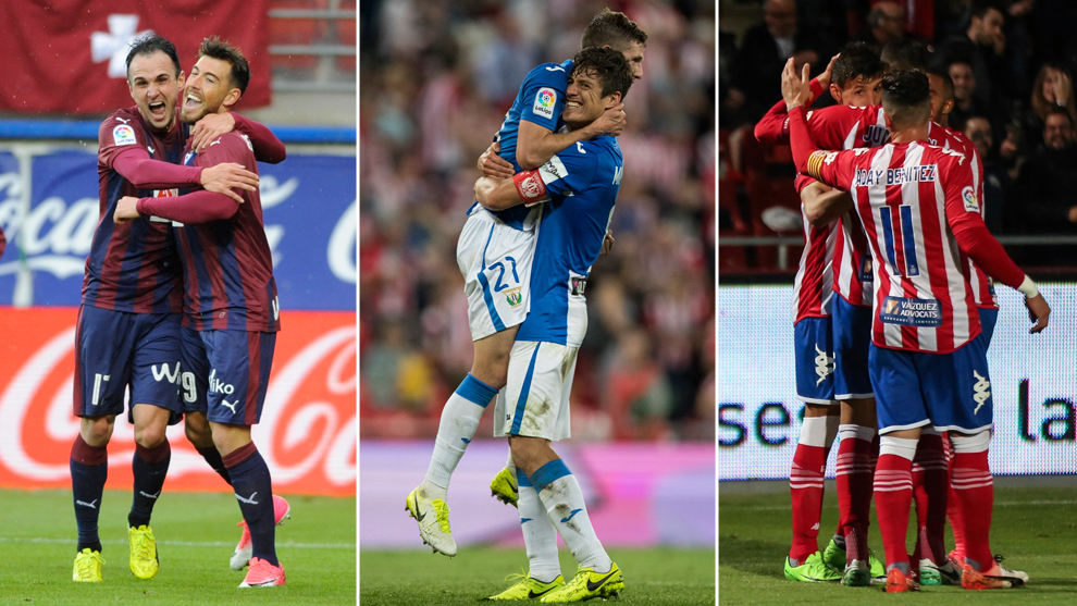 Los jugadores del Eibar, Legans y Girona celebran sus goles.