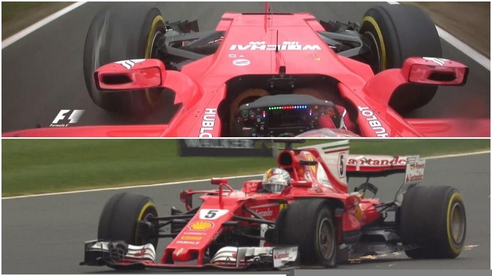 Los dos Ferrari, con el neumtico izquierdo delantero pinchado