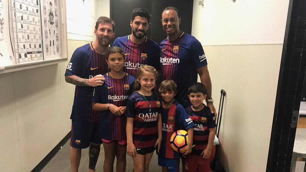 Messi, Luis Surez posan junto a Tiger Woods y sus hijos