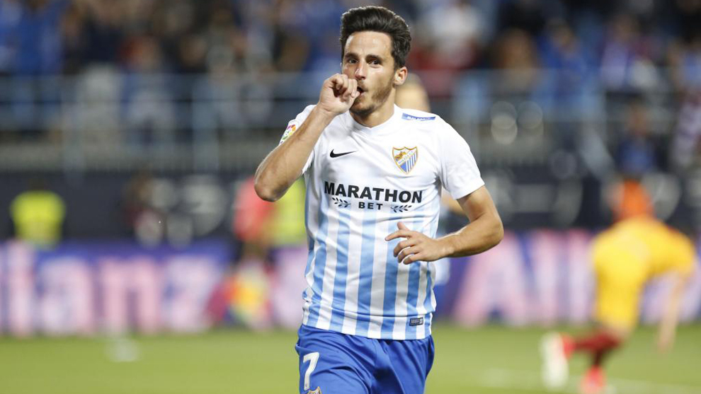 Juankar (27) celebra un gol con la camiseta del Mlaga