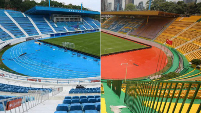 El estadio del Guangzhou R&F, antes de azul y ahora de dorado