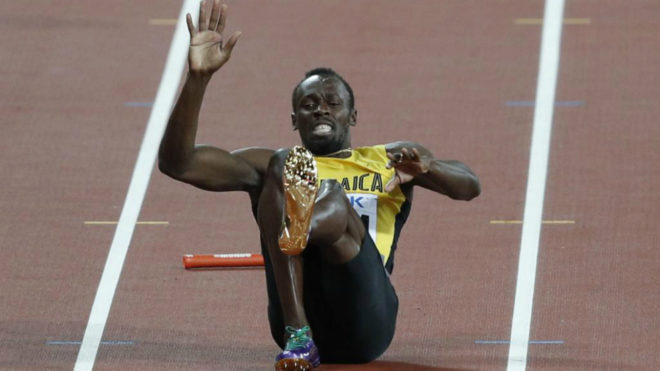 Usain Bolt en el momento de su lesin.