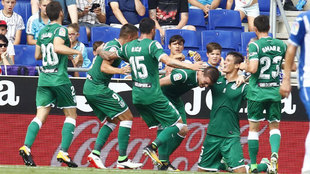 Mantovani celebra con sus compaeros el gol que le marc al...