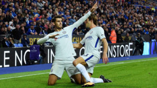 Morata celebra su gol al Leicester.