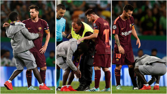 Un aficionado abraz a Messi y le bes la bota.