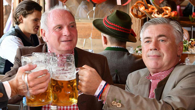 Uli Hoeness and Carlo Ancelotti during their visit at the Oktoberfest...