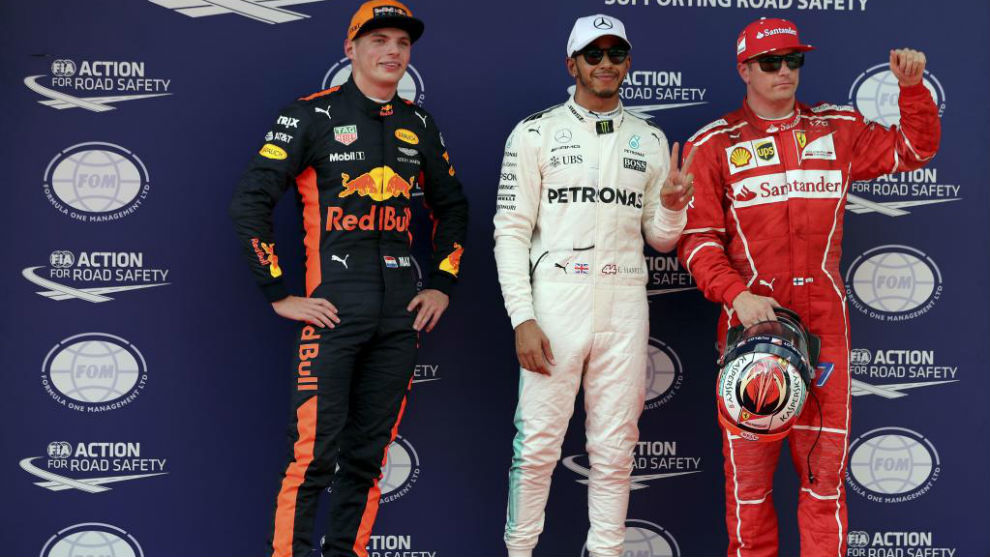 Verstappen (3º), Hamilton (1º) y Raikkonen (2º) tras la calificación