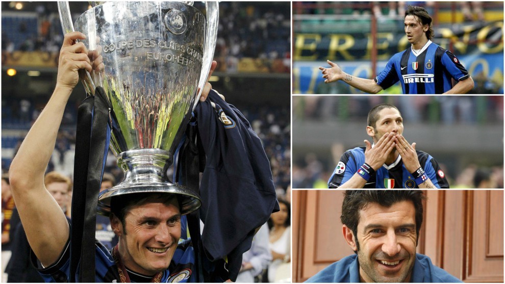 Zanetti, con la Champions. En el lateral, Ibra, Materazzi y Figo.