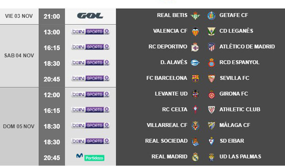 Liga 2017-18: Horarios de la jornada 11 de primera división | Marca.com