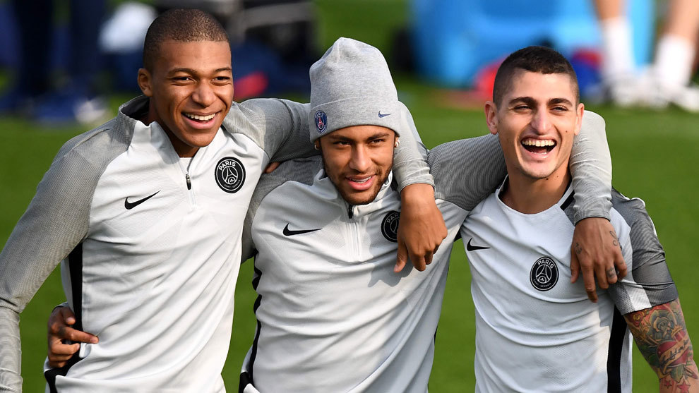 Mbappe, Neymar y Verratti, en el entrenamiento del PSG