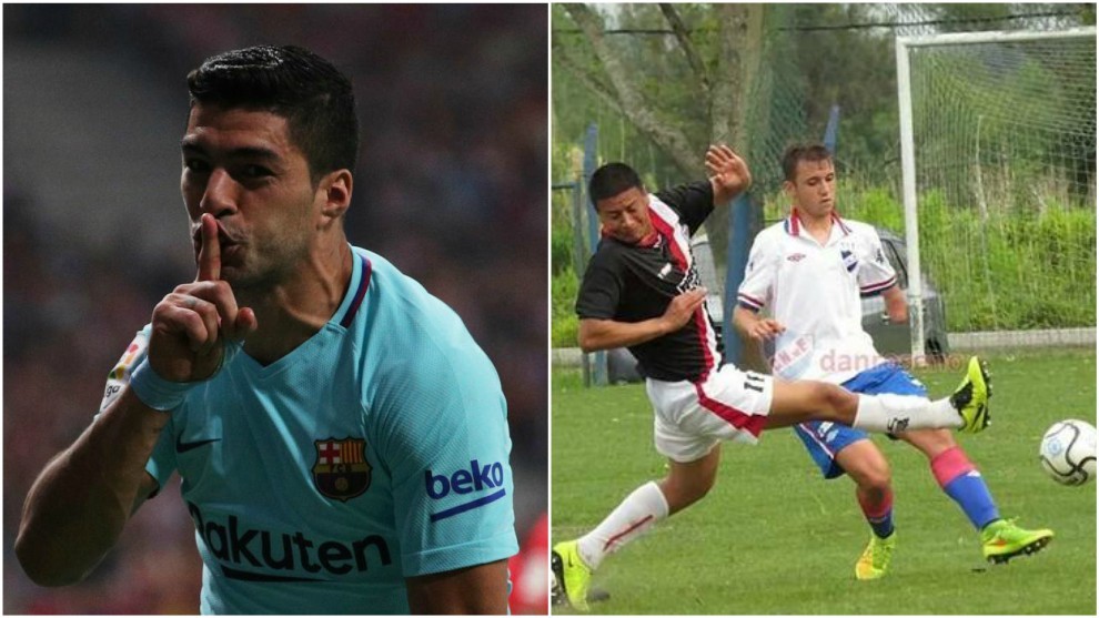 Luis Suarez (30) festeja un gol y Mata Dutour (22) disputa el baln...