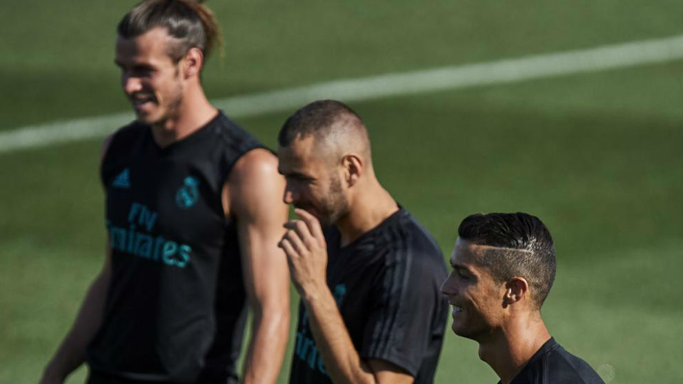 Bale, Benzema y Cristiano en un entrenamiento del Madrid.