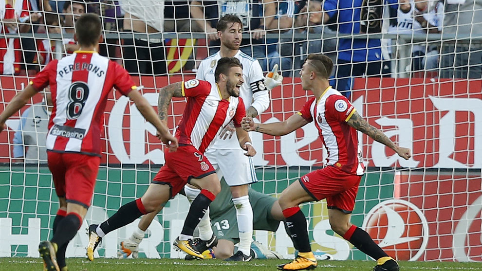 Portu celebra un gol al Real Madrid en Montilivi