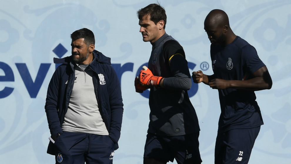Casillas, Danilo Pereira y Conceiao durante un entrenamiento