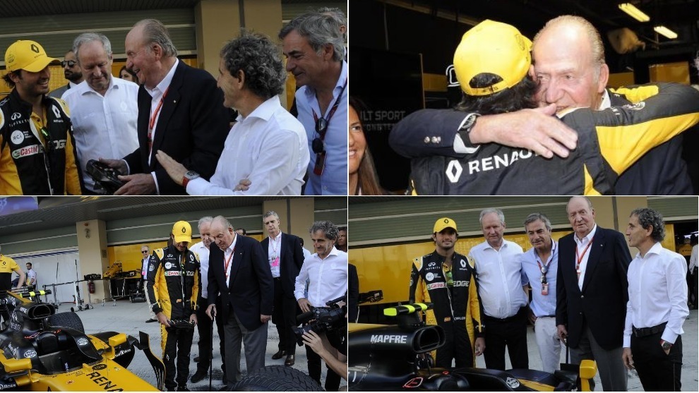 Los Sainz, el rey Juan Carlos y Alain Prost, junto al Renault en Yas...