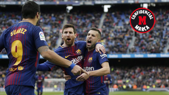 Surez, Messi y Jordi Alba festejan un gol.