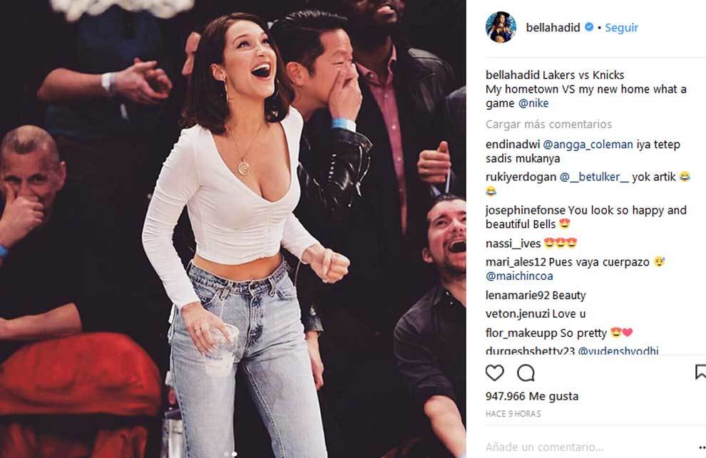 Bella Hadid durante el partido NBA entre Lakers y Knicks