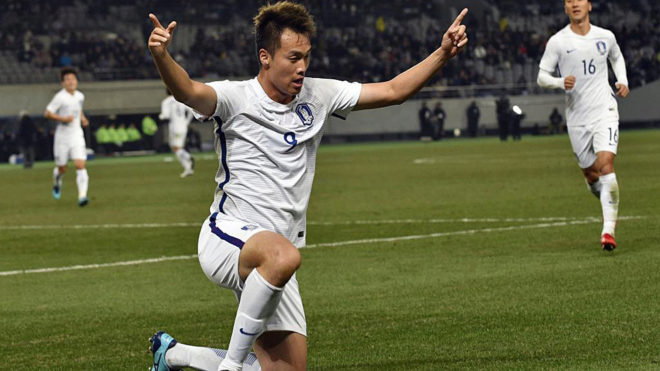 South Korea&apos;s forward Kim Shin-wook celebrates after scoring.